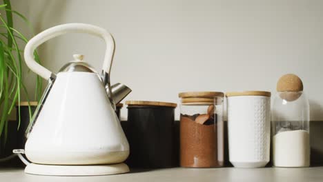 Video-of-electric-kettle-and-storage-jars-on-worktop-with-plants-in-sunny,-compact,-modern-kitchen