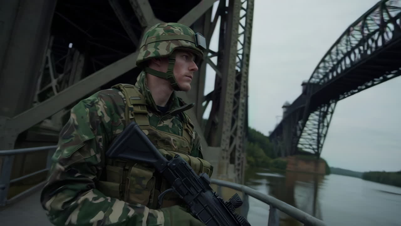 Soldier Guarding Bridge Over River