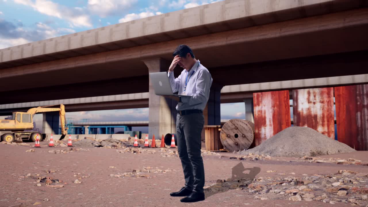 Vista lateral de corpo inteiro de um trabalhador profissional asiático em pé com seu laptop no local de construção da rodovia, digitando e desapontado, balançando a cabeça