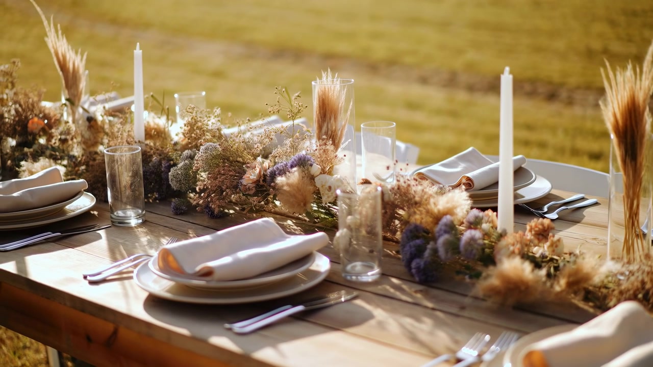 Sunlit Rustic Outdoor Table Set With Dried Wheat Centerpieces, Tapered Candles, Stacked Plates, Silver