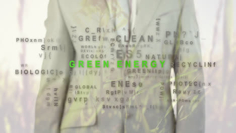 animation of words green energy over a businessman