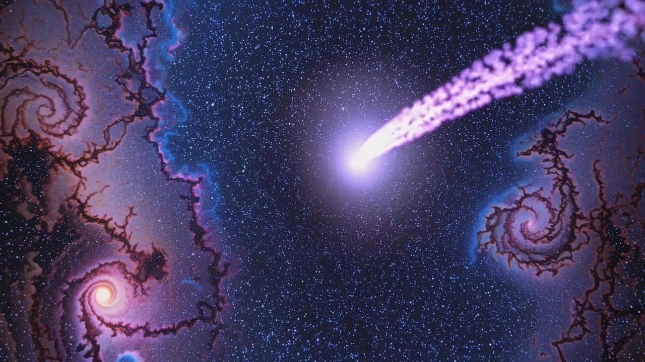 Um padrão fractal cósmico hipnotizante com galáxias giratórias, capturado de um ângulo de cima para baixo