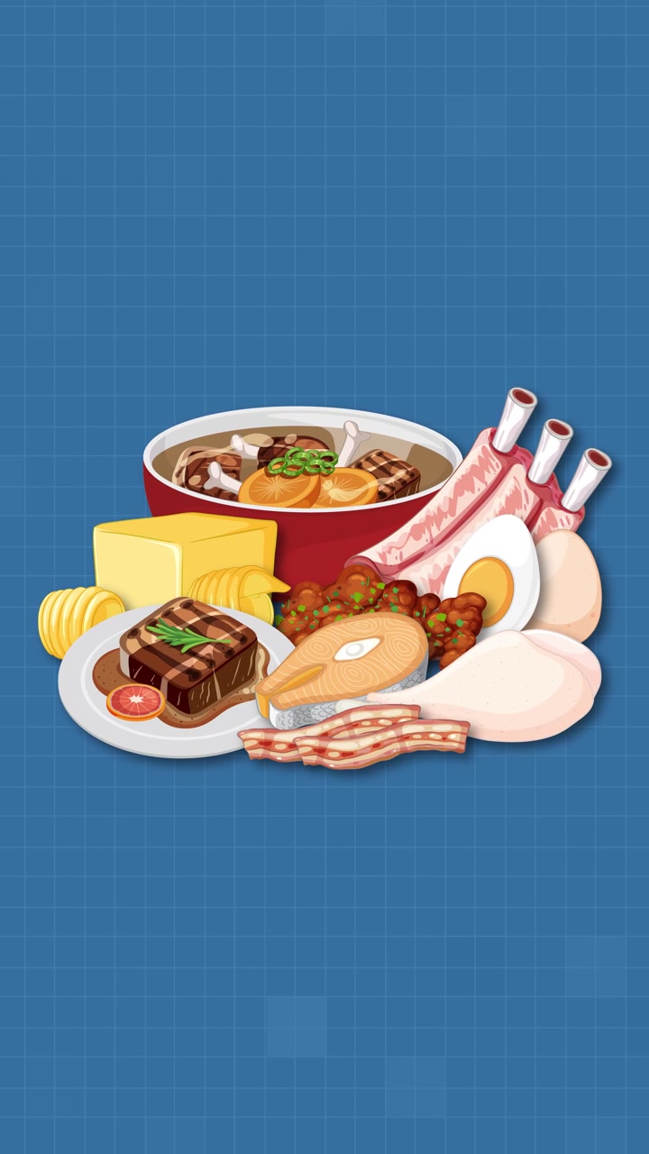 Berbagai makanan berbasis hewani tersusun menjadi komposisi berkelompok, transisi mulus, gaya vektor datar, tata letak vertikal