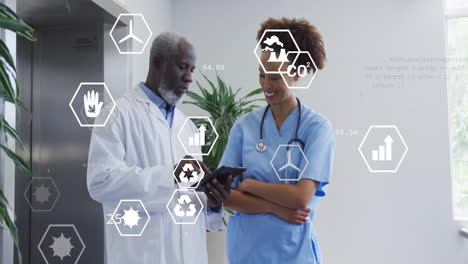 animation of eco icons and data processing over diverse doctors