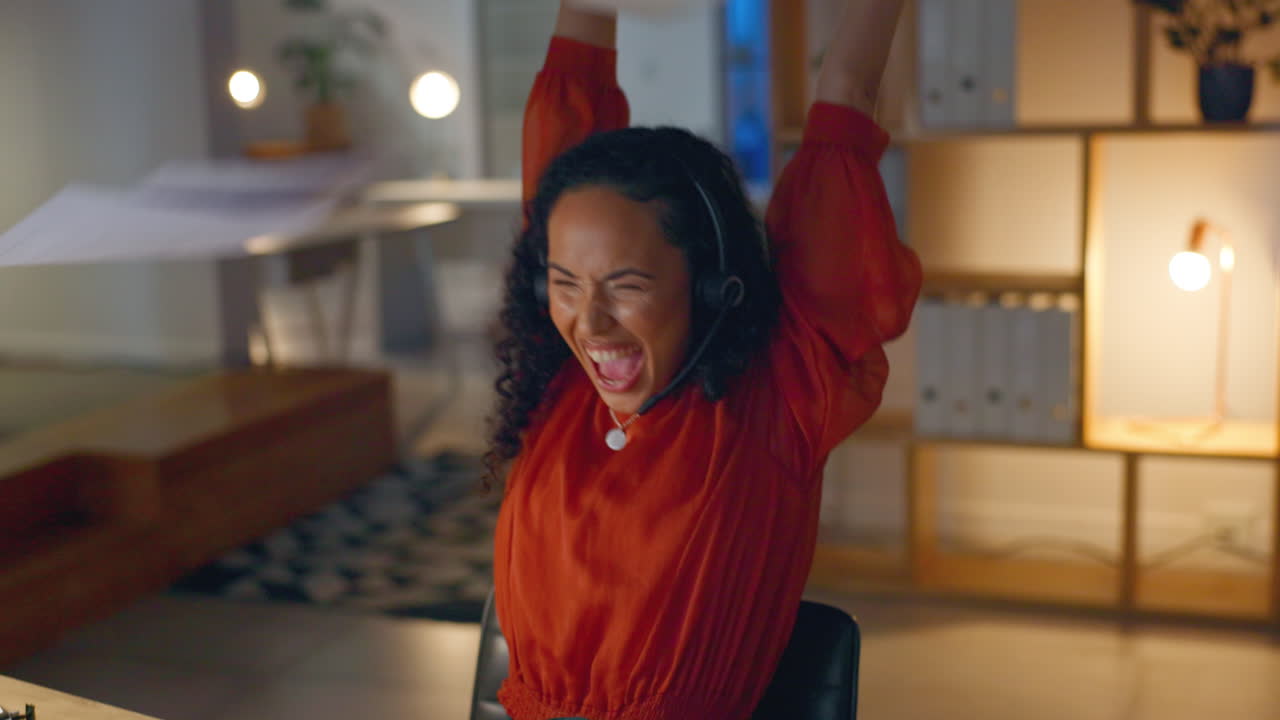 Black woman, call center and celebration