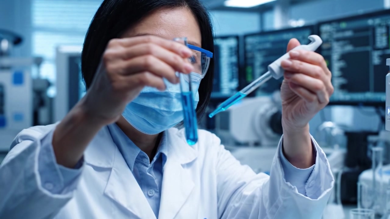 研究室で試験管と顕微鏡を使って研究を行い、高度な設備が満載のハイテク環境でタブレット上のデータを分析する科学者。