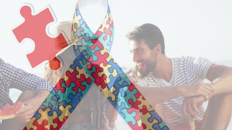 Animação de fita de peças de quebra-cabeça coloridas sobre amigos felizes em festa de praia de verão