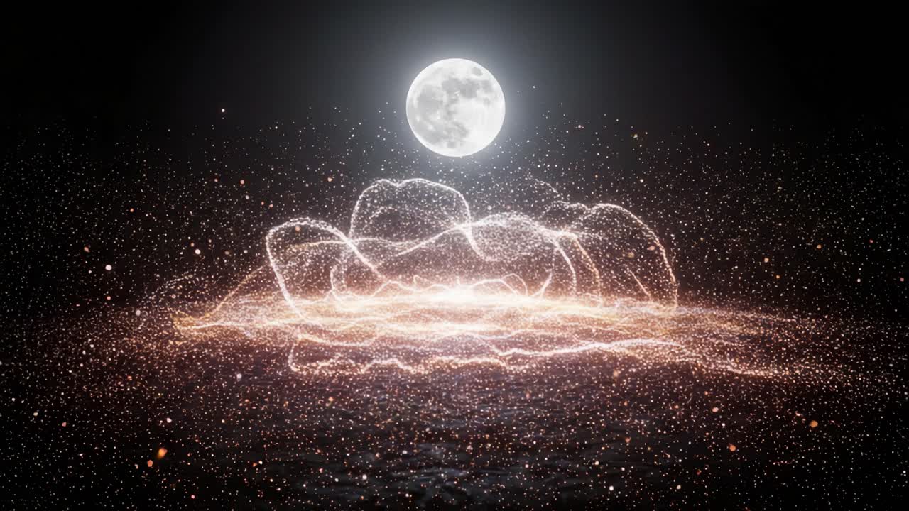 A Captivating Night Sky Featuring a Luminous Full Moon Surrounded by Vivid Particles and Ethereal Light Trails Creating a Mystical Atmosphere