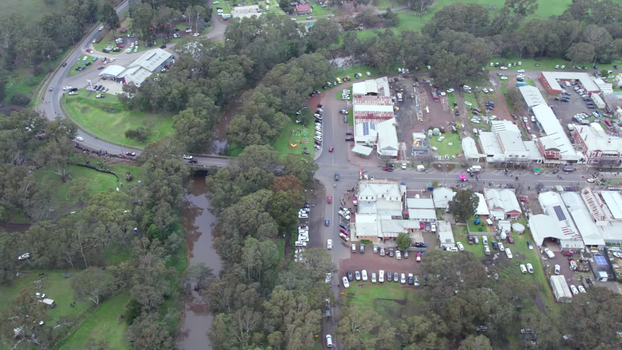 Drone view looking down on the town of Casterton in western Victoria during the 27th Annual Kelpie Muster, Australia. Western Victoria, Australia. June 2023.
