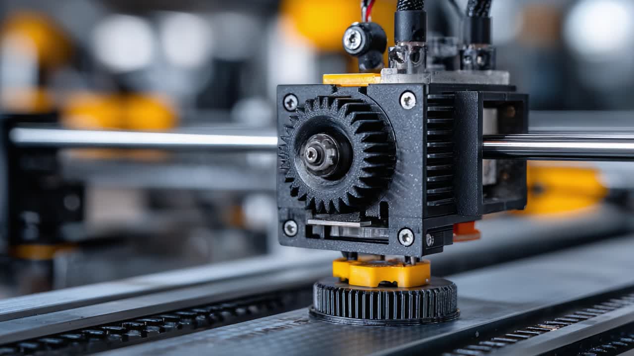 Close-Up of a Precision 3D Printer Extruder Mechanism During Use, Highlighting the Gear System and Movement Along the Printing Platform