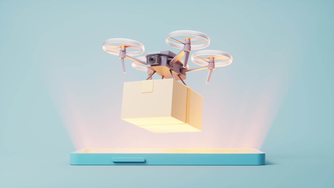 Drone carrying the box on the mobile phone, 3d rendering.