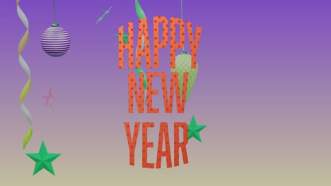 animation of happy new year text over decorations on purple background