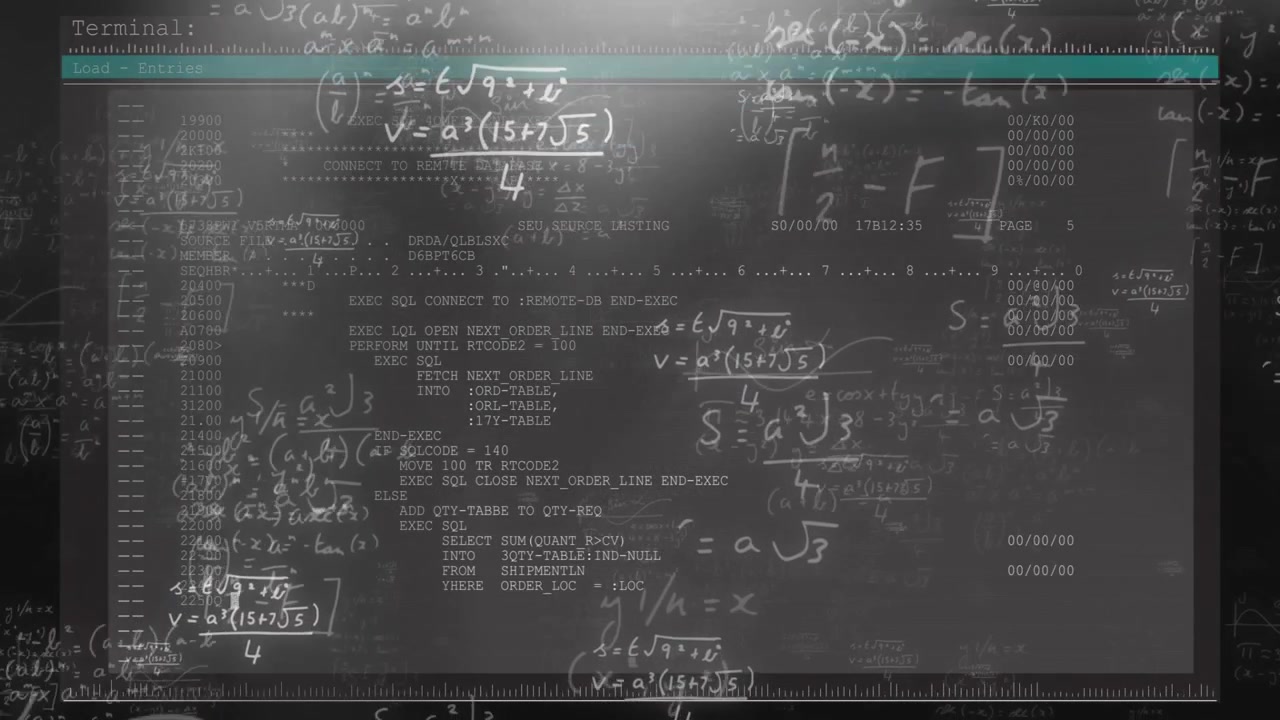 Vertical video: Terminal fading in, showing SQL connecting logs, glare sweeping, chalk math, tech