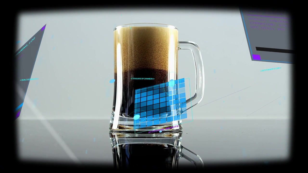 Tazza di vetro che si centra mentre una griglia HUD blu scorre, allineandosi con la tazza, mostrando una bevanda in chiave tecnologica.