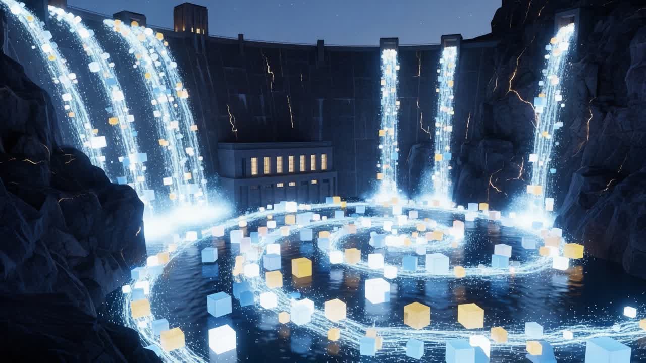 Captivating View of a Waterfall Cascade Highlighted by Luminous Cubes and Sparkling Waters at Twilight, Creating a Mesmerizing Visual Experience