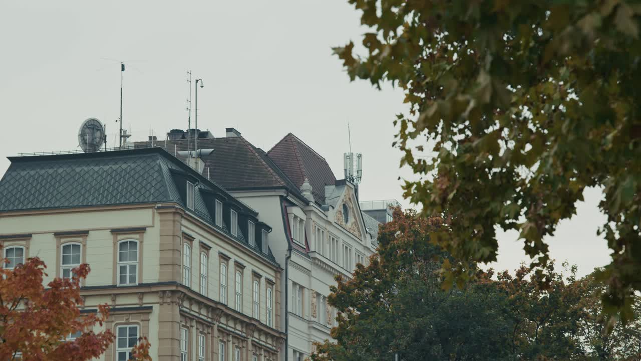 Classic Bratislava rooftops framed by autumn leaves, blending history and nature