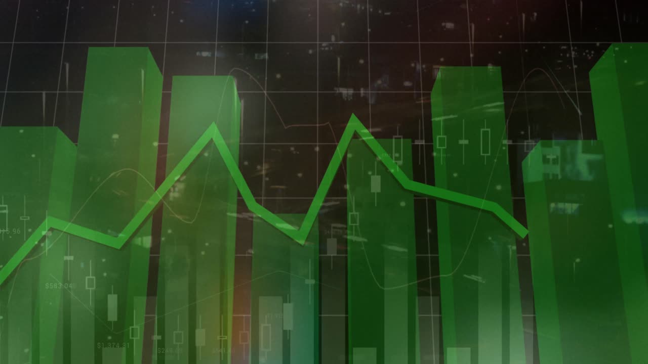 animación del procesamiento de datos estadísticos frente a una vista aérea del tráfico nocturno de la ciudad
