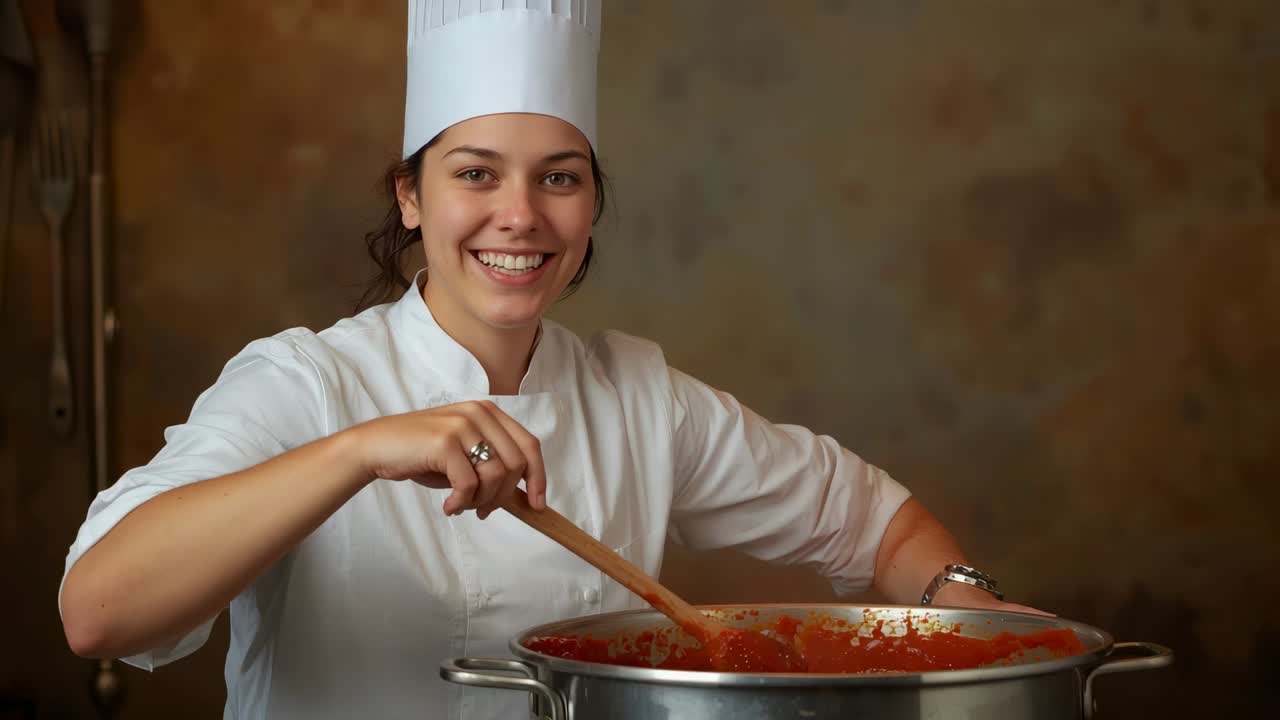 Chef che mescola con un cucchiaio di legno una salsa rossa, assicurandosi che sia liscia, nella cucina di un ristorante