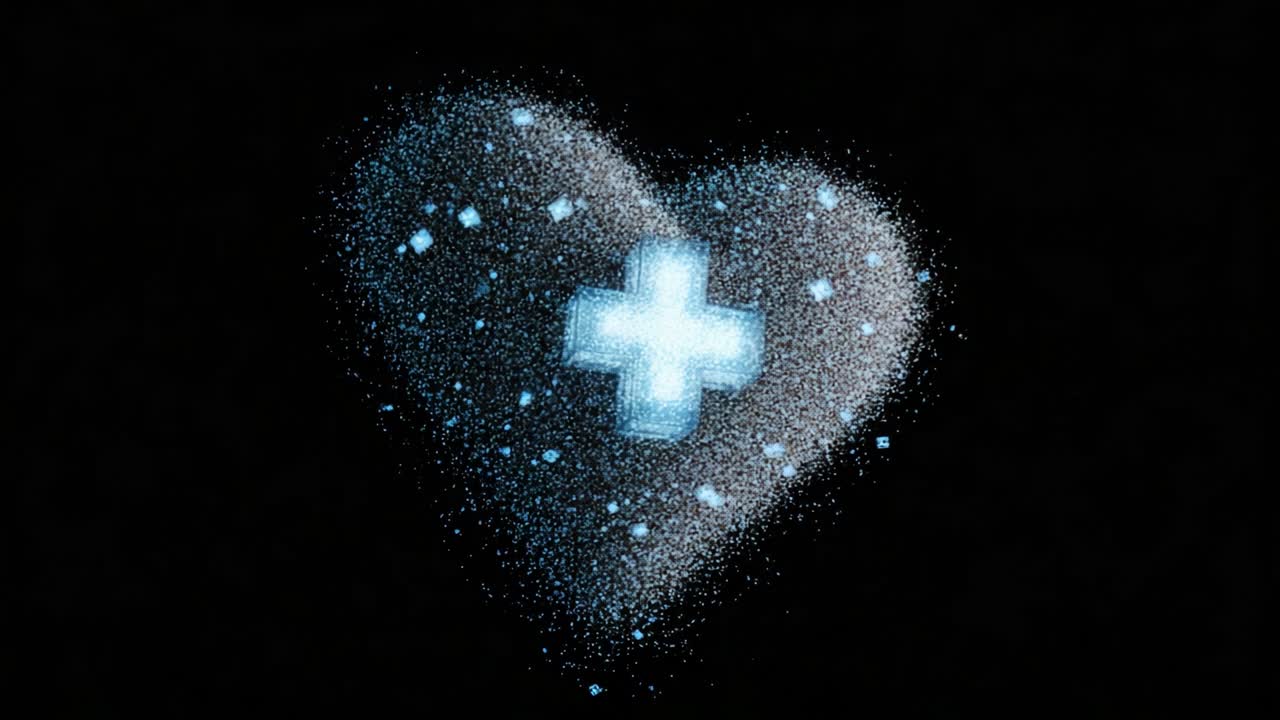 Una rappresentazione affascinante di un cuore pulsante formato da particelle blu scintillanti, che simboleggia benessere e positività, su uno sfondo scuro che ne esalta la brillantezza