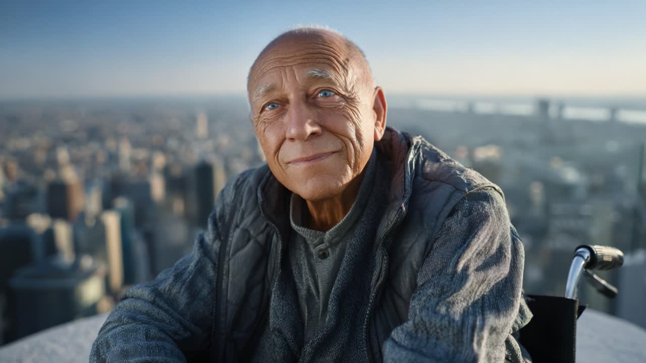 Um senhor idoso aproveitando uma vista panorâmica de um edifício alto, abraçando a vida com um sorriso caloroso em uma bela paisagem urbana ao nascer ou pôr do sol