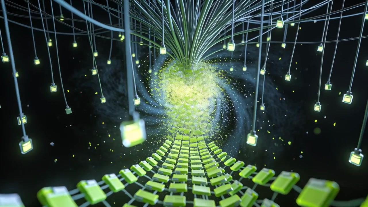 Energy building at cable knot pulling green modules and hanging cubes inward toward vortex in void