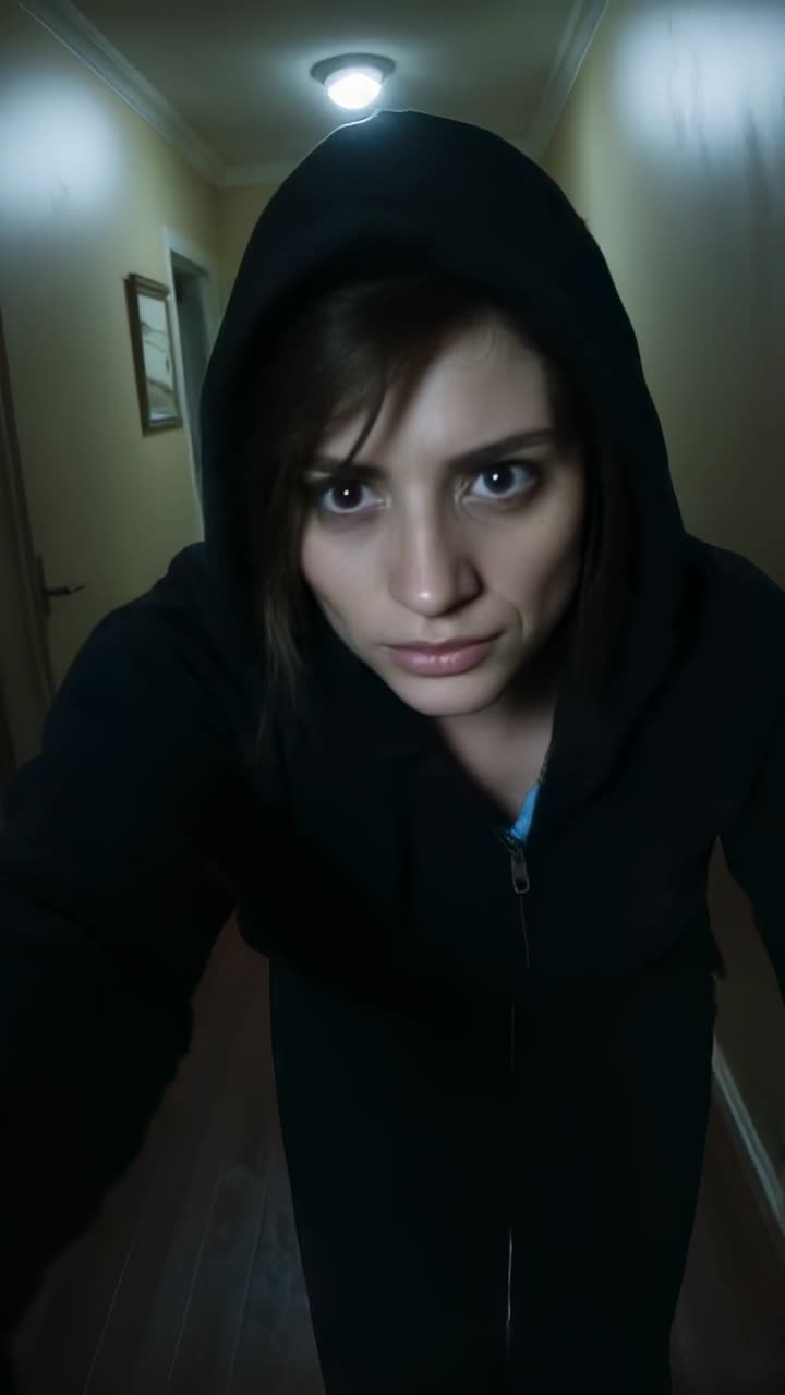 Dikey video: Dar bir koridorda kameraya doğru yürüyen, koyu renk kapüşonlu sweatshirt giyen ve telefonunu sabitleyen kadın