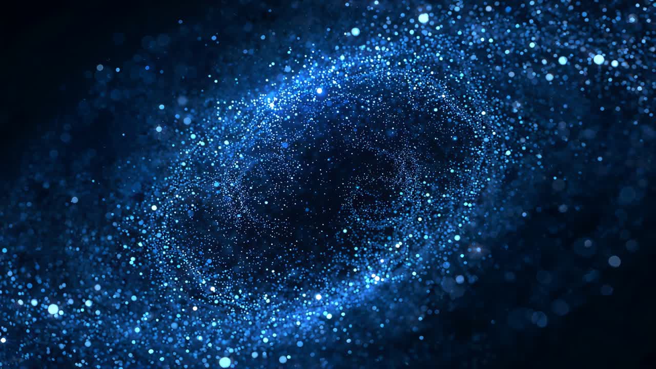 Camera pulling closer, blue torus particle cloud rotating and tilting in dark field, revealing void