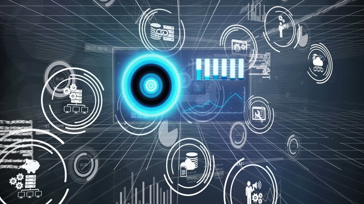 Animation of circles, graphs, icons, globe over computer language against abstract background
