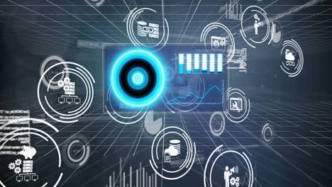 Animation-of-circles,-graphs,-icons,-globe-over-computer-language-against-abstract-background