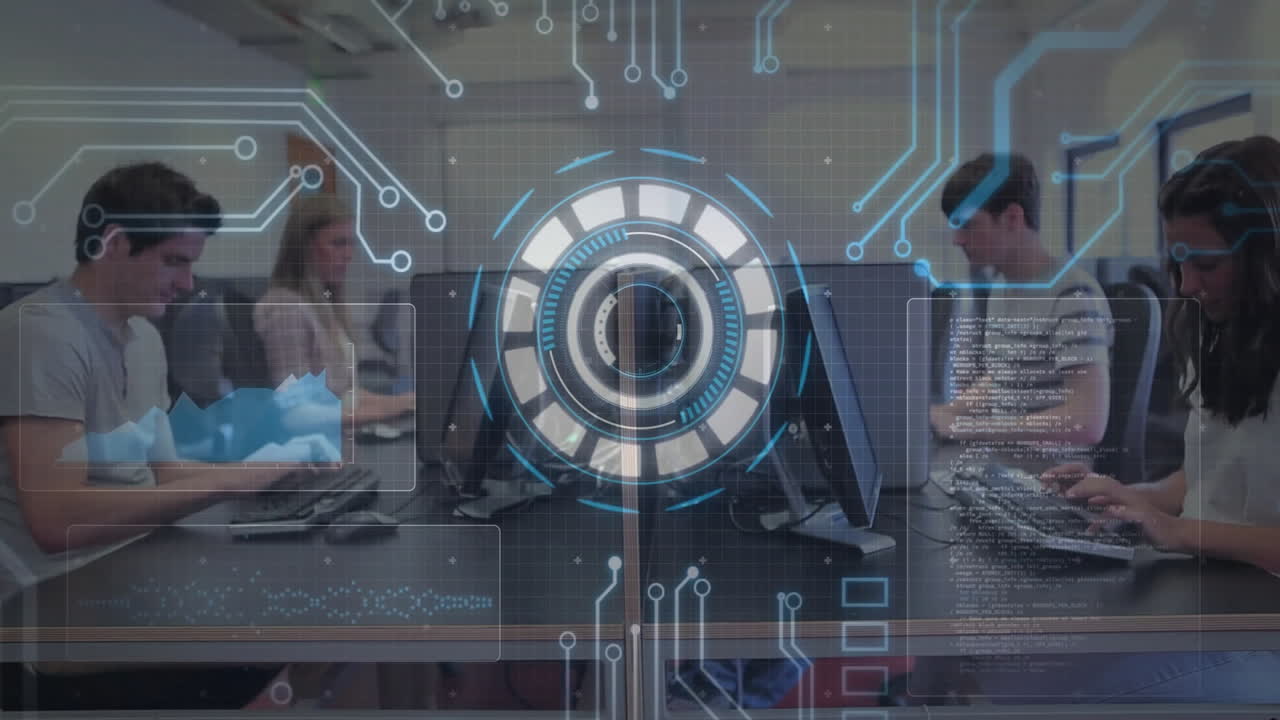animación de interfaz digital sobre los estudiantes que trabajan en computadoras en el aula