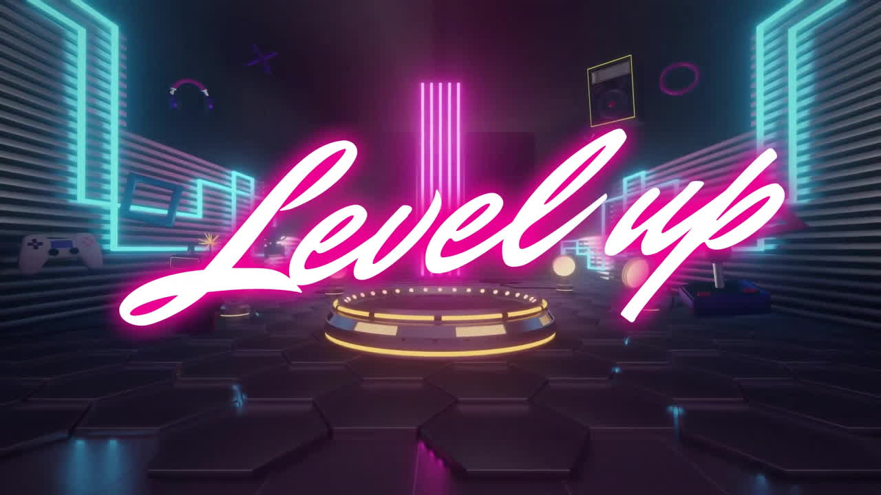 레벨 업 텍스트와 사이버 을 통해 게임 아이콘의 애니메이션