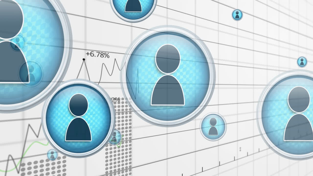 animación de iconos de personas digitales azules volando sobre el procesamiento de estadísticas sobre fondo blanco