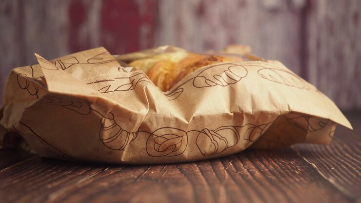 Golden Brown Pastry Wrapped in Paper Bag on Rustic Wooden Table