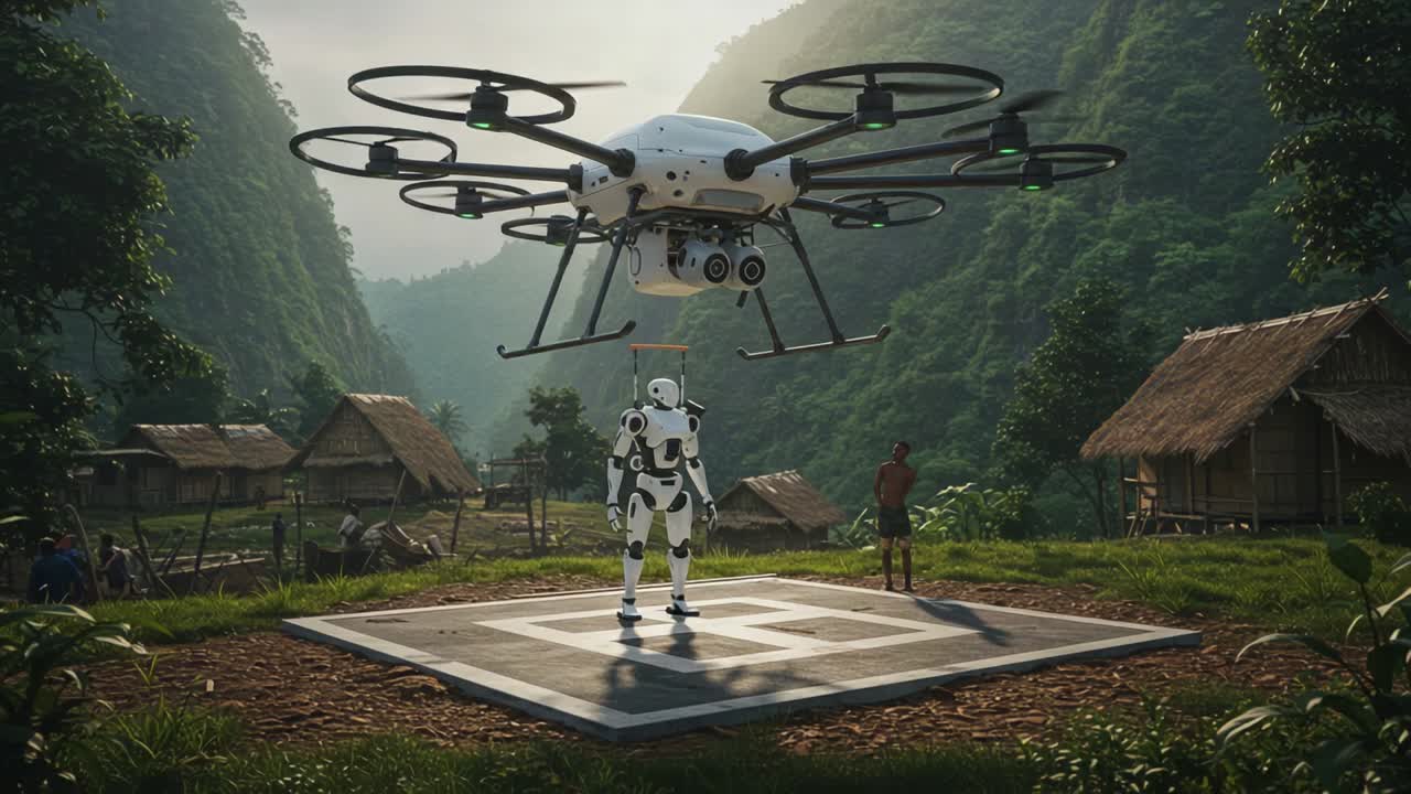 A Futuristic Scene Depicting a Robot and Drone Interaction in a Lush, Remote Village Surrounded by Majestic Mountains and Nature
