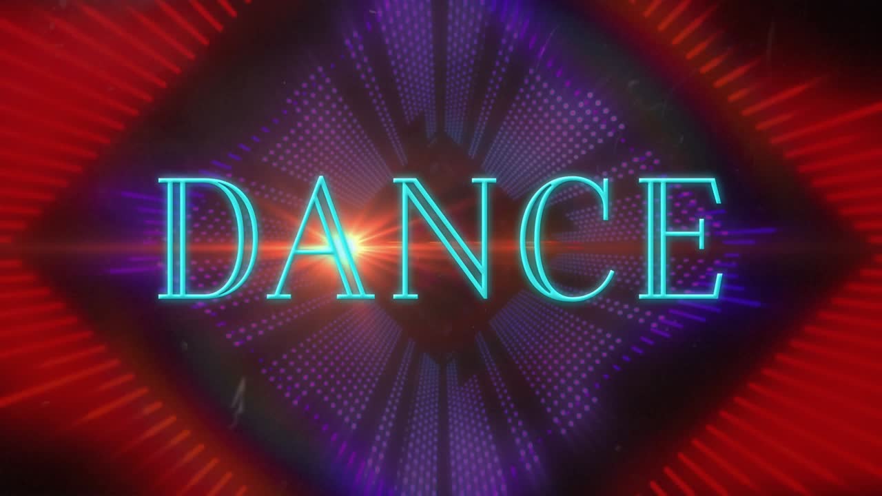 Animacja neonowego baneru tekstowego „dance” nad fioletowym neonowym tunelem w jednolitym wzorze.