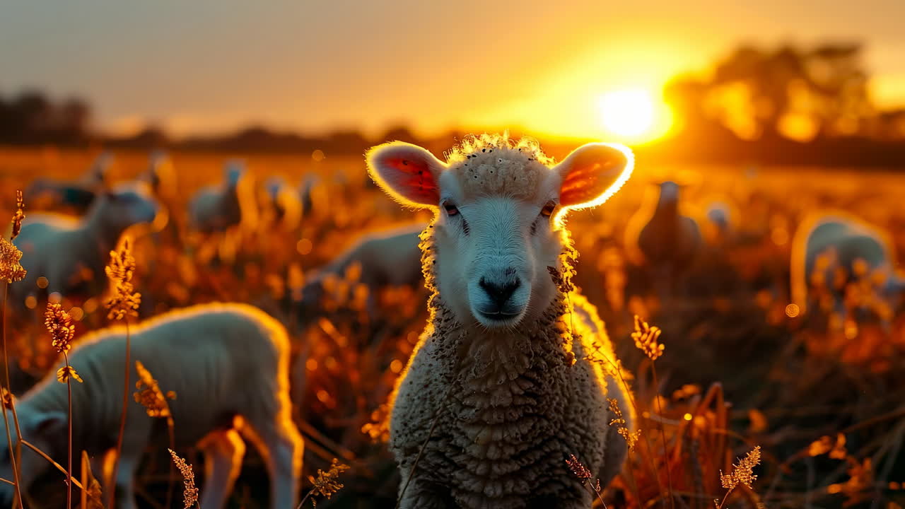 Sheep grazing in golden field at sunset. A flock of sheep grazes in a golden field as the sun sets, casting warm light across the landscape