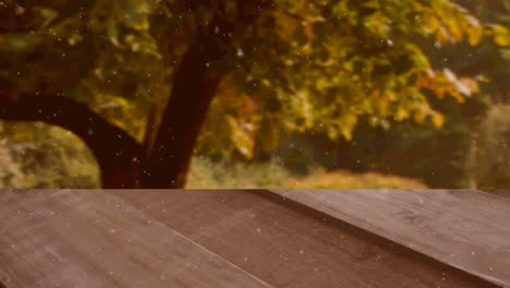 animación digital de niebla blanca cayendo sobre una superficie de madera contra el bosque en el fondo