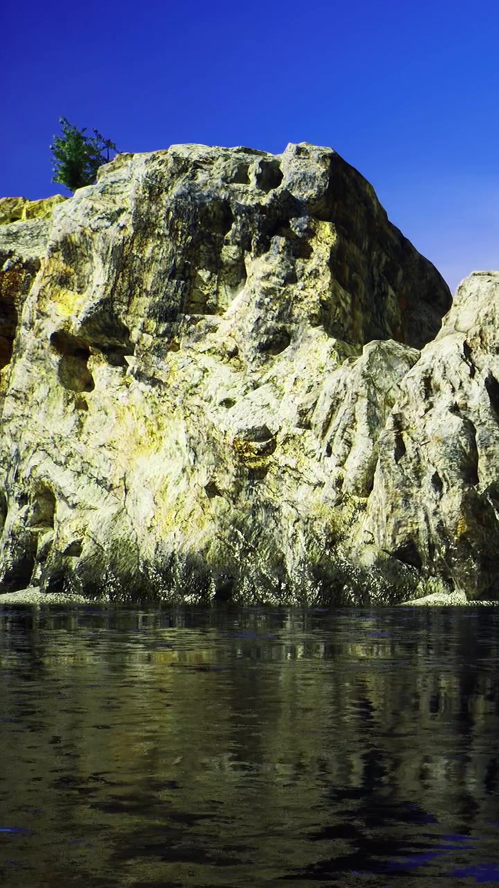 Formazione rocciosa vicino all'acqua che riflette il cielo blu in un ambiente naturale.