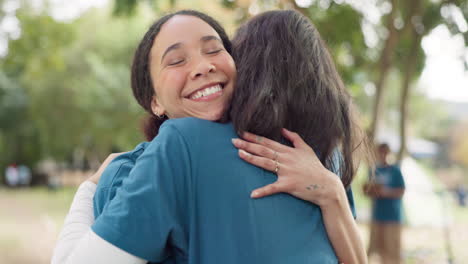 camping, support and a counselor hugging a woman