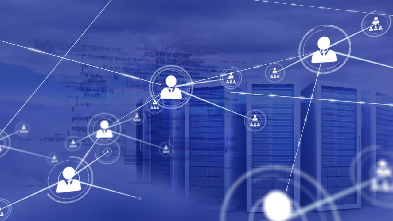 Animation of network of connections with icons and data over computer servers in clouds