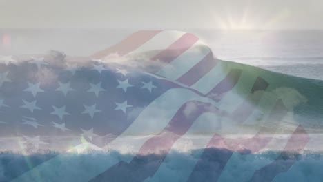 Digitale-Komposition-Der-Schwenkenden-US-Flagge-Gegen-Wellen-Im-Meer