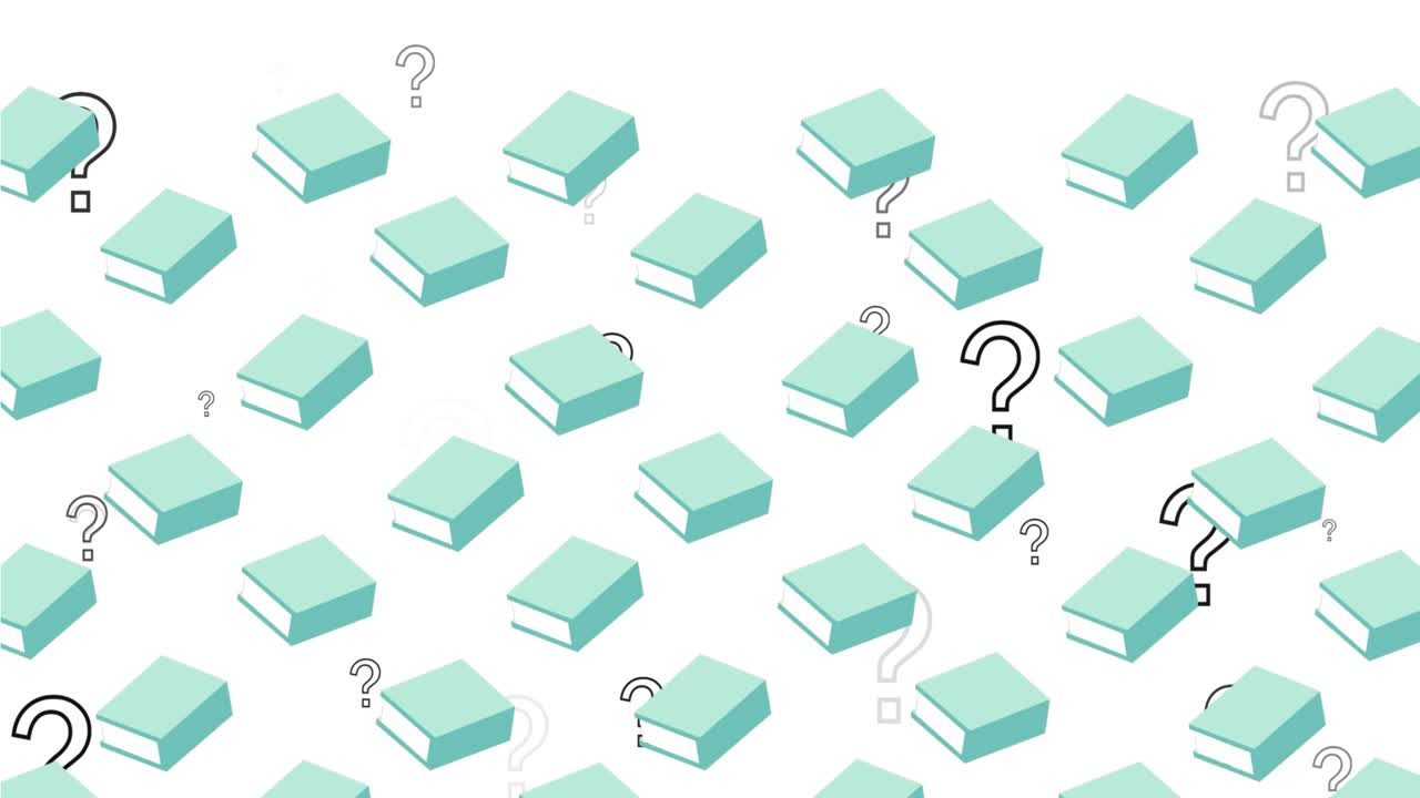 Animation of notebook cons floating over question mark on white background