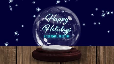 Animation-of-christmas-greetings-in-snow-globe-on-wooden-boards,-shooting-star-and-snow-falling