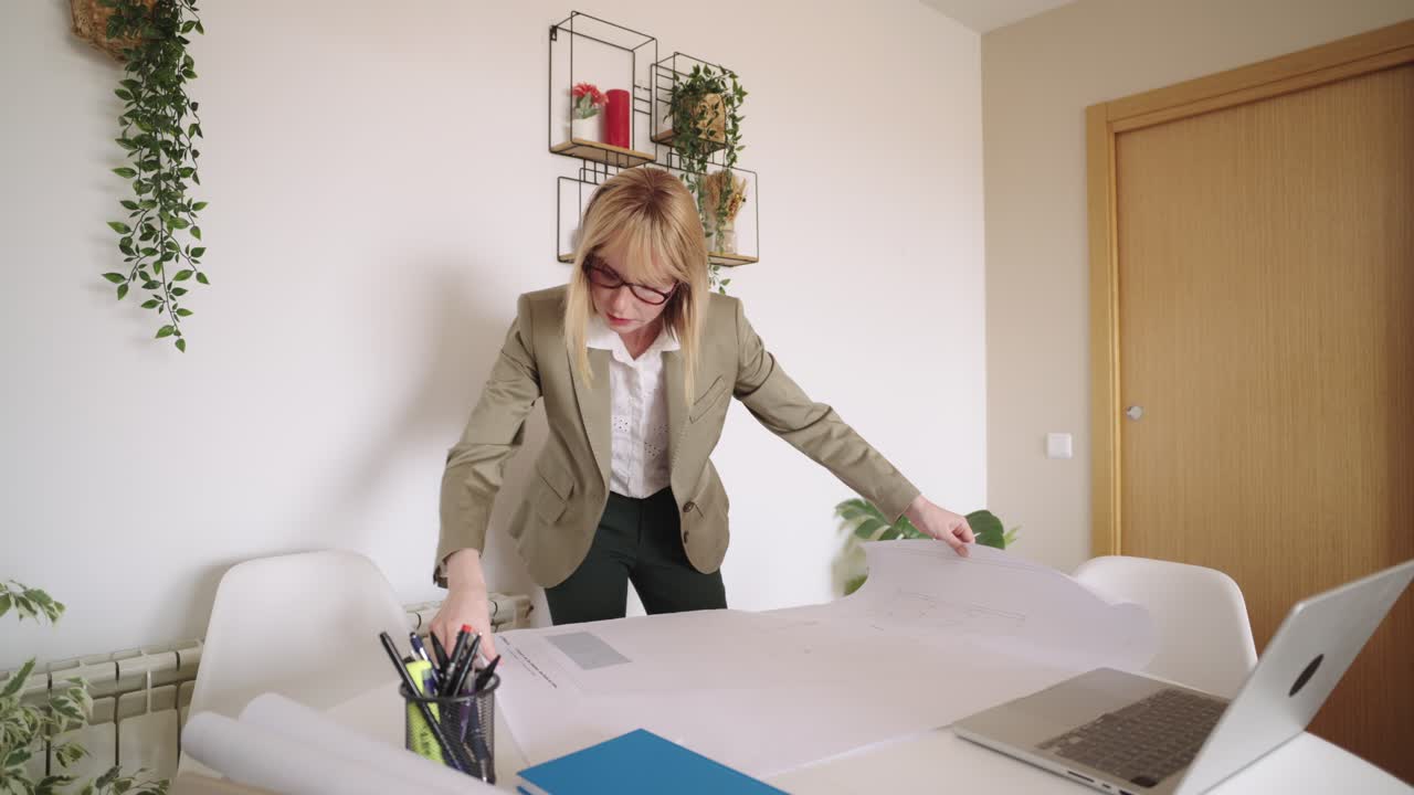 Businesswoman working with blueprints at the office
