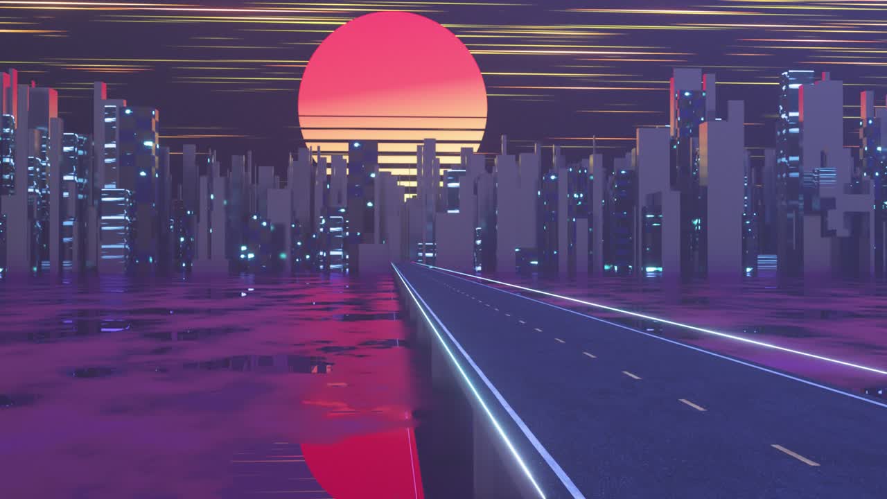 도시 도로와 해가 지는 하늘, 추상적인 개념, 3d 렌더링.