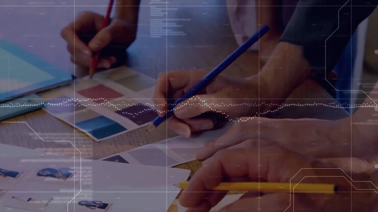 Animation of data processing over mid section of team of designer discussing over color swatches