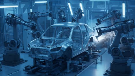 advanced robotics in automotive manufacturing: a high-tech assembly line featuring precision engineering techniques for efficient vehicle production