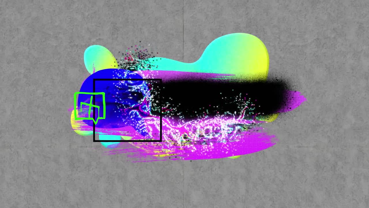 animación de coloridas marcas de pintura abstracta, cuadrado negro y cruz verde en burbuja de habla, en gris