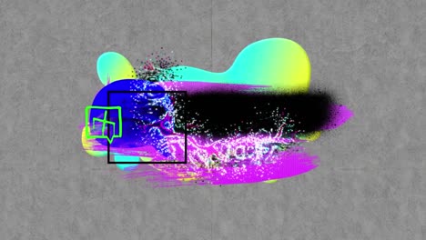 Animation-Von-Farbenfrohen-Abstrakten-Farbmarkierungen,-Schwarzem-Quadrat-Und-Grünem-Kreuz-In-Sprechblase,-Auf-Grau