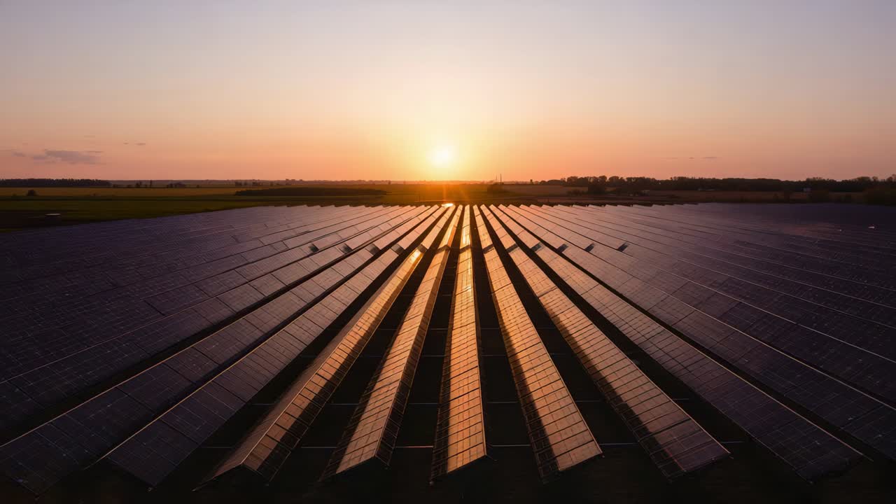 Fremadskridende drone sænker udsigtspunktet over landlig solcellepark ved solnedgang og fanger panelrefleksioner